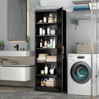 Tall Metal Narrow Bathroom Storage Locker Cabinet 67" H, Black Kitchen Pantry Cabinets,File Cabinet Organizer with 5 Adjustable Shelves and Lockable Doors for Kitchen Home Office Living Dining Room