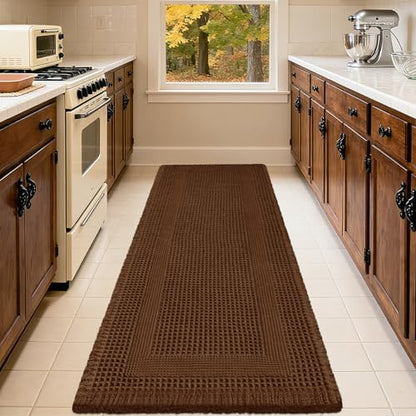 Waffle Bath Mat Set 2 Piece, Boho Woven Modern Bath Rug Absorbent Non Slip, Ultra Soft Bathroom Mats, Machine Washable Knit Bath Rugs with Tassels for Bathroom, Bedroom, Kitchen, Shower, Tub, Brown