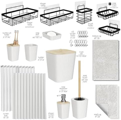 Clara Clark Bathroom Accessories Set - 27PC Bathroom Set with Adhesive Corner Shower Caddy Hanging, Bathroom Sets with Shower Curtain and Rugs, White Shower Curtain Set with Bathroom Trash Can