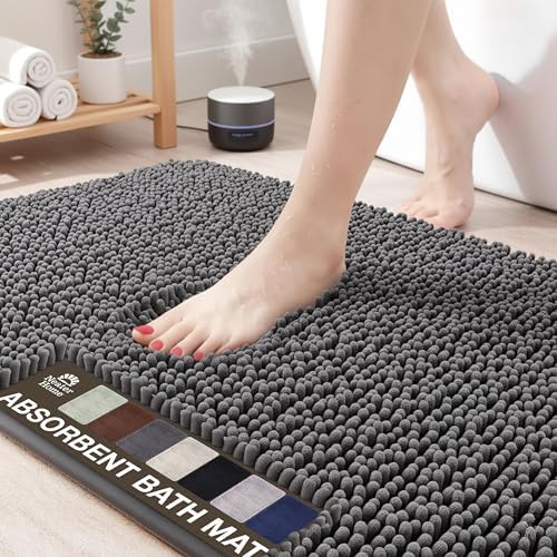Neater Home Plush Bathroom Rugs 24x17 Thick Chenille Quick Dry Microfiber Absorbent Bath Mat, Soft Bath Rugs, Machine Washable Bathroom Floor Mat for Tub Shower Sink, Home Decor Accessories, Charcoal