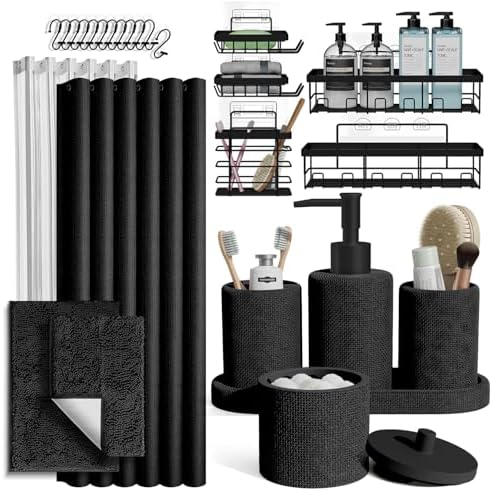 Clara Clark Black Bathroom Set - Bathroom Sets with Shower Curtain and Rugs, 26PC Bathroom Accessory Set, Shower Curtain Set with Adhesive Corner Shower Caddy Hanging & Soap Dispenser