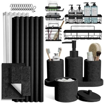 Clara Clark Black Bathroom Set - Bathroom Sets with Shower Curtain and Rugs, 26PC Bathroom Accessory Set, Shower Curtain Set with Adhesive Corner Shower Caddy Hanging & Soap Dispenser