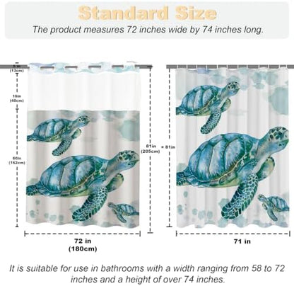Beach Nautical Sea Turtle Theme No Hook Waffle Weave Shower Curtain with Snap in Liner Nautical Beach Bathroom Blue Ocean Decor Set 72 W x 81 H Inch Teal