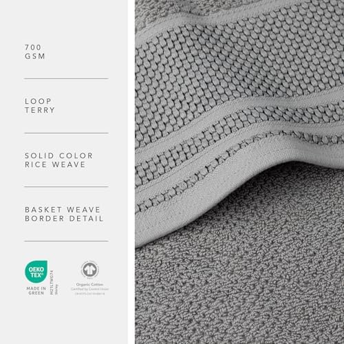 Texere 100% Organic Cotton Rice Weave Jacquard 700 GSM Luxury Bath Towel Sets - Ultra Soft and Absorbent Hotel and Spa Quality (Rice Weave, Cathedral Gray, 2 Bath Towels)