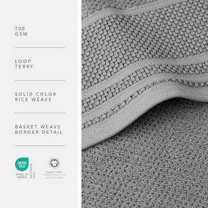 Texere 100% Organic Cotton Rice Weave Jacquard 700 GSM Luxury Bath Towel Sets - Ultra Soft and Absorbent Hotel and Spa Quality (Rice Weave, Cathedral Gray, 2 Bath Towels)