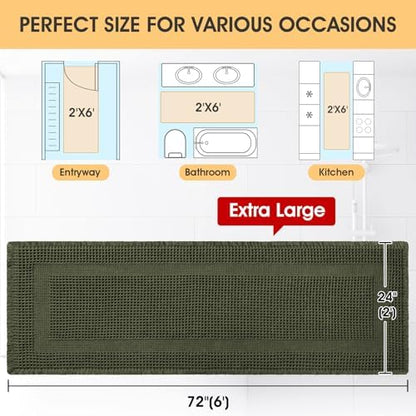 Extra Large Waffle Bath Mat, Boho Woven Modern Bath Rug Absorbent Non Slip, Ultra Soft Bathroom Mats, Machine Washable Knit Bath Rugs with Tassels for Bathroom, Bedroom, Kitchen, 6'x2', Dark Green