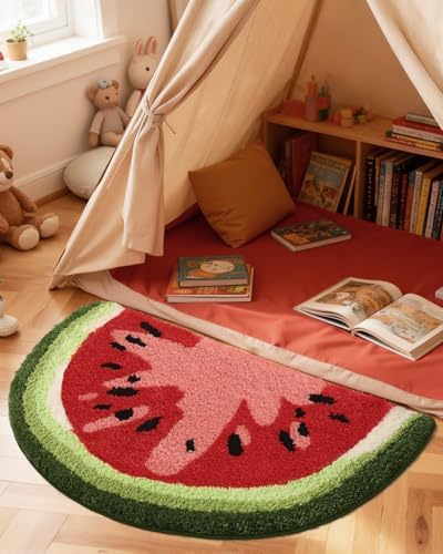 DEXI Cute Watermelon Bath Mat, Half Round Fruit Bathroom Rugs 43x24