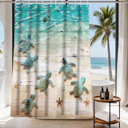 Green Beach Sea Turtle Shower Curtain Nautical Teal Theme Fabric Bathroom Blue Ocean Decor with Grommets and Hooks 72 x 72 Inch Blue