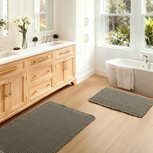 JIUZHEN Set of 2 Waffle Bath Mats Boho Bath Rugs 16x24&20x32, Olive Green