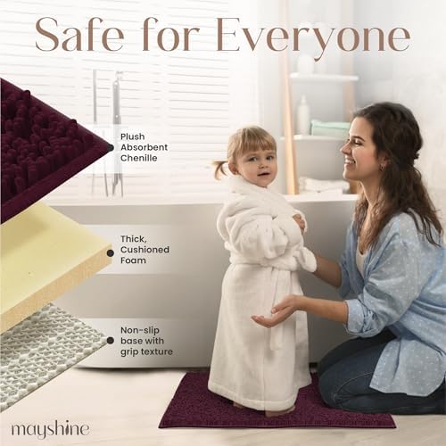 MAYSHINE Standard Plush Shaggy Chenille Bath Mat 32"x20" Extra Soft, Super Absorbent, Non-Slip Bathroom Rug | Fluffy Microfiber, Area Rug Sets for Bathroom Floor, Kitchen, Living Room | Burgundy