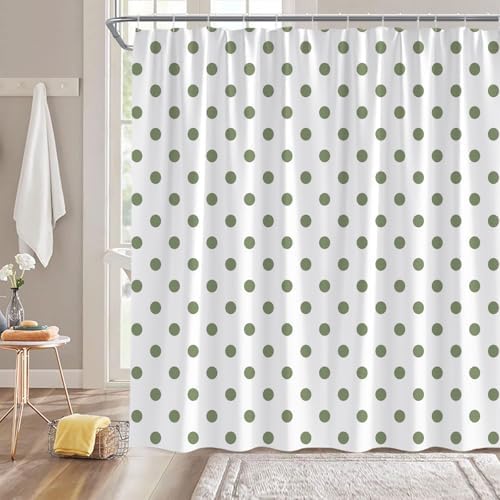 Polka Dot Shower Curtain Sage Green White Retro Spot Vintage Fabric Decorative Bathroom Curtains with Hooks,70" Wx75 H