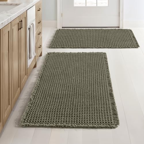 MIULEE Set of 2 Waffle Bathroom Rugs Boho Bath Mat Green 24x36 Inch