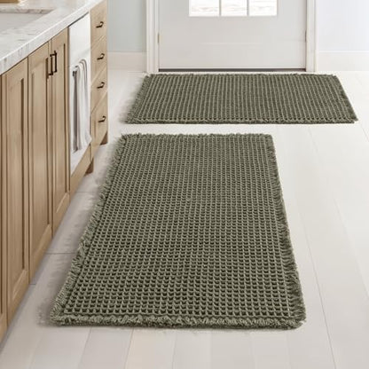 MIULEE Set of 2 Waffle Bathroom Rugs Boho Bath Mat Green 24x36 Inch