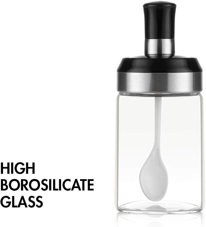 BOILING POINT Sauce Jar Sugar Container Glass Jar Combination Spoon with Lid Canisters Storing Seasoning Spices Salt Sugar for Kitchen Counter Food Storage with Decorative Sticker 9.7oz / 280ml
