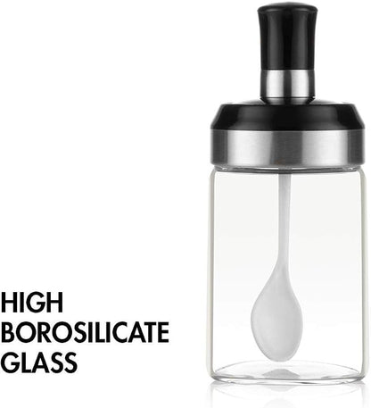 BOILING POINT Sauce Jar Sugar Container Glass Jar Combination Spoon with Lid Canisters Storing Seasoning Spices Salt Sugar for Kitchen Counter Food Storage with Decorative Sticker 9.7oz / 280ml