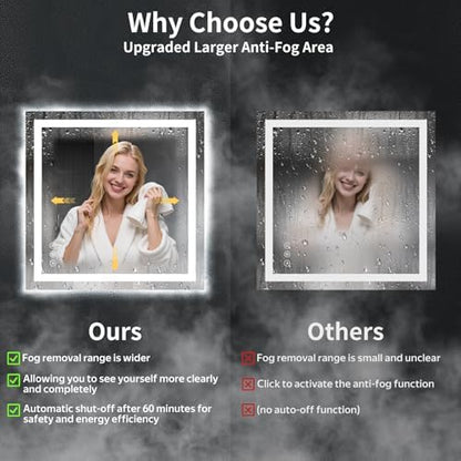 30"x30" LED Bathroom Mirror with Lights, Backlit+Frontlit, Anti-Fog