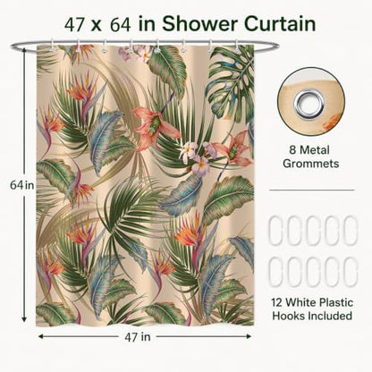 Tropical Shower Curtain, Colourful Leaves Floral Palm Leaf Hawaiian Botanical Plant Bathroom Decor, Waterproof Cloth Fabric Bath Curtain with Hooks 47 x 64 inch