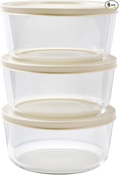 6-Piece Glass Food Storage Containers Set (3 Containers + 3 BPA-Free Lids) | 4-Cup, Leakproof | Microwave, Freezer, Oven & Dishwasher Safe | Ideal for Meal Prep & Pantry Organization, Beige