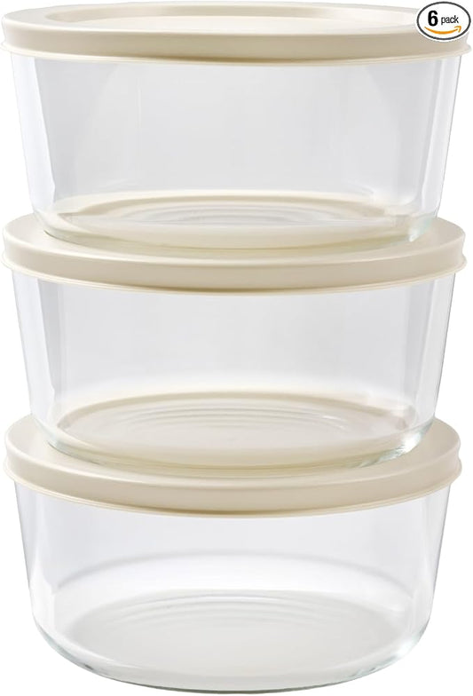 6-Piece Glass Food Storage Containers Set (3 Containers + 3 BPA-Free Lids) | 4-Cup, Leakproof | Microwave, Freezer, Oven & Dishwasher Safe | Ideal for Meal Prep & Pantry Organization, Beige
