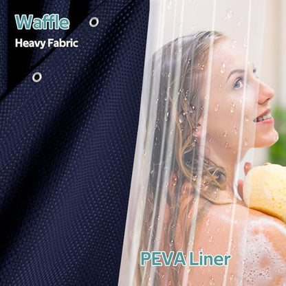 Vipfree 3 in 1 Shower Curtain Set, Waffle Shower Curtain and Liner Set with 12 Double Sided Shower Curtain Hooks, 258GSM Luxury Weighted Cloth Shower Curtains for Bathroom, 72 W x 84 H, Navy Blue