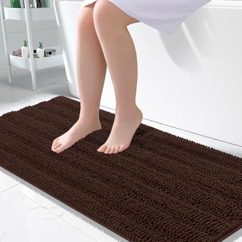 OLANLY Thick Large Bathroom Rugs 50x30, Soft Chenille Bath Rugs, Brown
