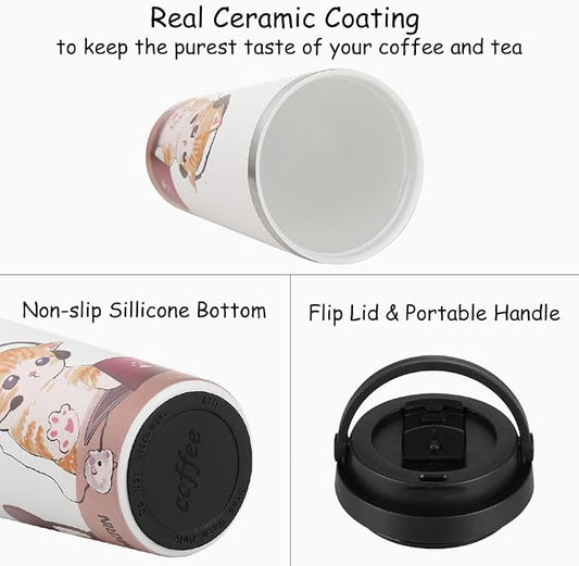 Funkrin Coffee Travel Mug with Flip Lid, 16oz Insulated Tumbler Cup with Ceramic Coating, Double Wall Vacuum Leak-Proof Tumbler for Office School Party Camping