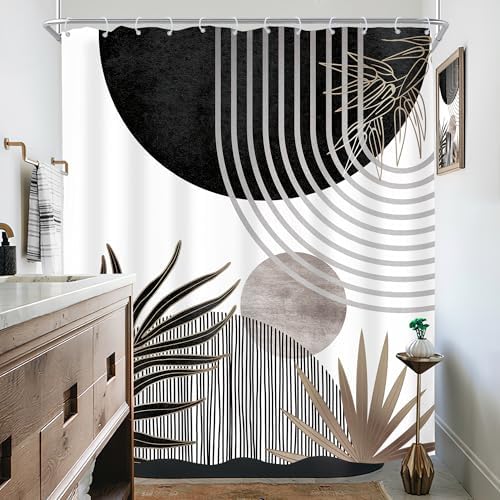 Mid Century Black Gray Boho Abstract Modern Bathroom Shower Curtain Set
