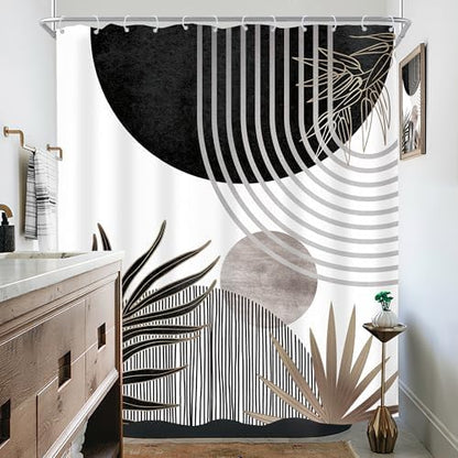 Mid Century Black Gray Boho Abstract Modern Bathroom Shower Curtain Set