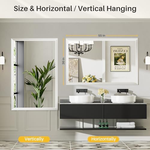 Briivue Bathroom Wall Mirror, White Metal Frame, 55x36 Inch