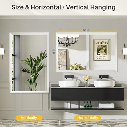 Briivue Bathroom Wall Mirror, White Metal Frame, 55x36 Inch