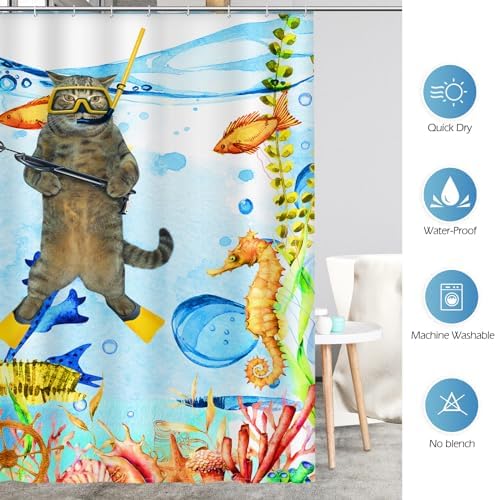 Aimego Extra Long Shower Curtain - Funny Cat Sea Ocean Animal Tropical Fish Coral Seahorse Fabric Cloth Shower Curtain Set with 12 Hooks for Bathroom Decor Accessories Bathtub Curtain, 72"x84"