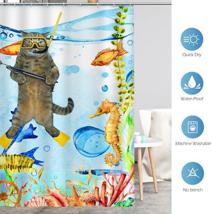 Aimego Extra Long Shower Curtain - Funny Cat Sea Ocean Animal Tropical Fish Coral Seahorse Fabric Cloth Shower Curtain Set with 12 Hooks for Bathroom Decor Accessories Bathtub Curtain, 72"x84"