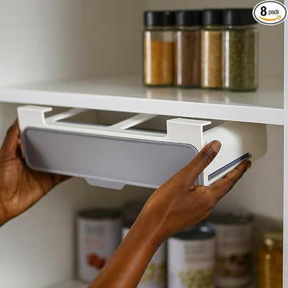 SpiceSpace Organizer Set – Under-Shelf Mounted Rack with 6 Glass Spice Jars & 18 Preprinted Labels – Minimalist Space-Saving Spice Rack for Pantry, Cabinet, or Kitchen Shelf
