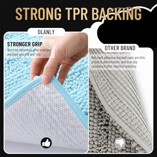 OLANLY Thick Bathroom Rugs 36x24, Soft Chenille Striped Bath Rugs, Sky Blue