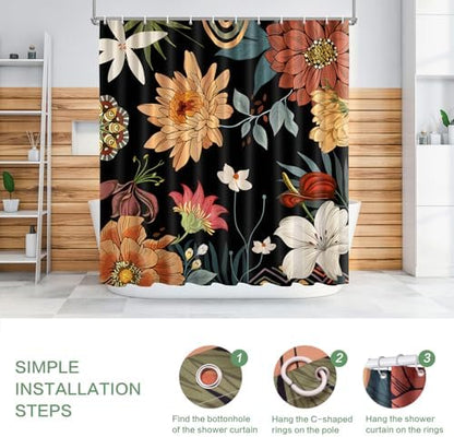 Shower Curtain Boho Floral, Tropical Summer shower curtain Mid-Century Abstract Boho Flowers Chic Shower Curtain Set Waterproof Polyester Fabric Machine Washable Home Farmhouse Decor Bath Curtains