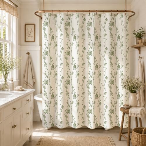Sage Green Farmhouse Linen Shower Curtain, Boho Floral Fabric, 36 x 72