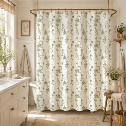 Sage Green Farmhouse Linen Shower Curtain, Boho Floral Fabric, 36 x 72