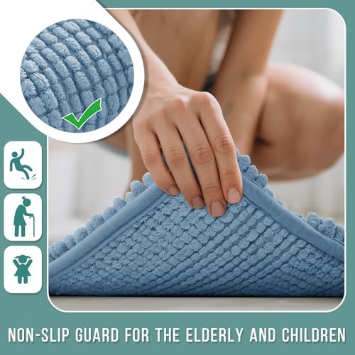 Yimobra Bathroom Rug Mat 32 x 20, Non Slip and Super Absorbent Bath Mat,Machine Washable Quick Dry,Ultra Plush Chenille Shower Rugs for Bathroom Floor Sink Tub and Shower Outside,Denim Blue