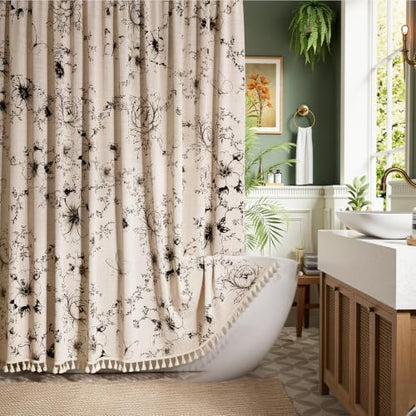 Vintage Black Floral Shower Curtain with 12 Clear Rings - 72" W x 72" L