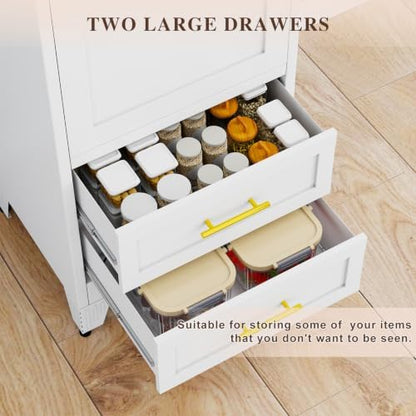 Tall Metal Narrow Storage Cabinet 67" H with 2 Drawer, White Pantry Cabinets with 3 Adjustable Shelves and Door,Tall Bathroom Cabinet for Kitchen, Home Office, Living Room, Dining Room