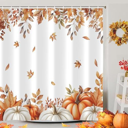 Fall Pumpkins Shower Curtain, Autumn Maple Leaf Leaves Harvest Thanksgiving Farmhouse Bathr Curtains Set,Waterproof Fabric Bathroom Curtains Decor 72X78IN
