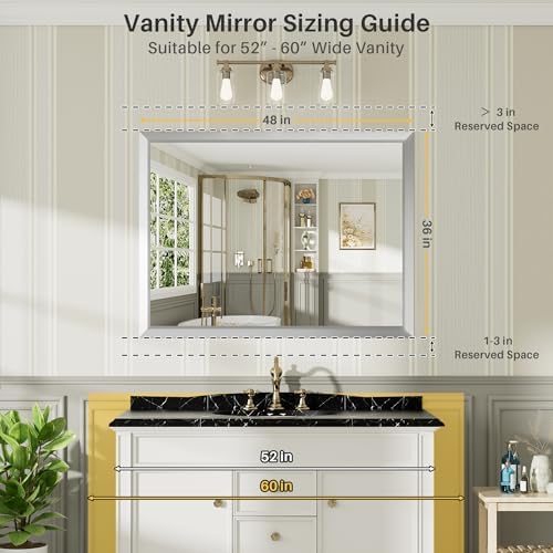 Briivue Bathroom Wall Mirror, Silver Brushed Nickel Metal Frame, 48x36 Inch