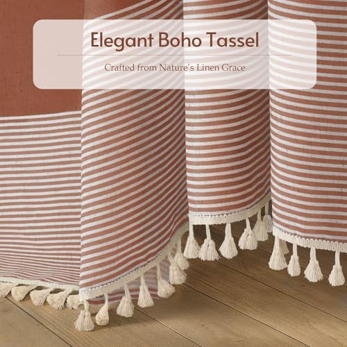 Coral Boho Linen Striped Shower Curtain with Tassel 72" W X 72" L