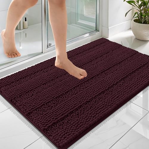OLANLY Thick Bathroom Rugs 36x24, Chenille Striped Bath Rugs, Black Cherry