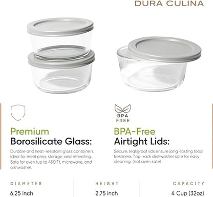 6-Piece Glass Food Storage Containers Set (3 Containers + 3 BPA-Free Lids) | 4-Cup, Leakproof | Microwave, Freezer, Oven & Dishwasher Safe | Ideal for Meal Prep & Pantry Organization, Grey
