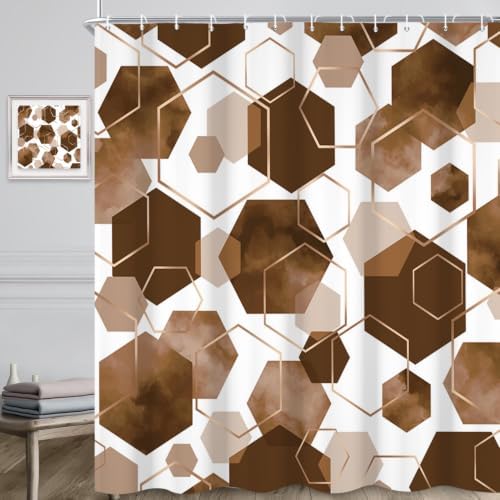 deFouliao Brown Modern Shower Curtain Geometric Grid Art Abstract Waterproof Bathroom Curtain for Bathtub Home Hotel Decor, Washable with Hooks, 60x72 Inch