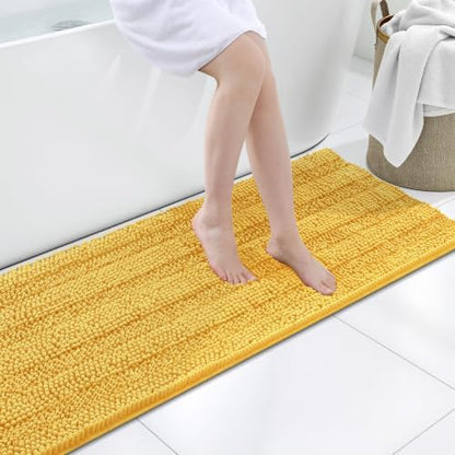 Grandaily Chenille Striped Bathroom Rugs 47x20, Extra Thick and Soft Absorbent Bath Mats, Rubber Backing, Plush Shaggy Shower Carpet, Machine Wash Dry, Bath Rug for Bathroom, Light Yellow