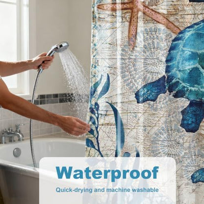 Nautical Green Sea Turtles Beach Theme Fabric Shower Curtain Sets Bathroom Blue Ocean Decor with Grommets and Hooks - 72 x 72 Inch Teal