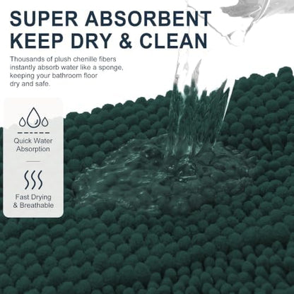 Smiry Thick Small Chenille Bathroom Rugs 24x16, Bath Mat, Blackish Green