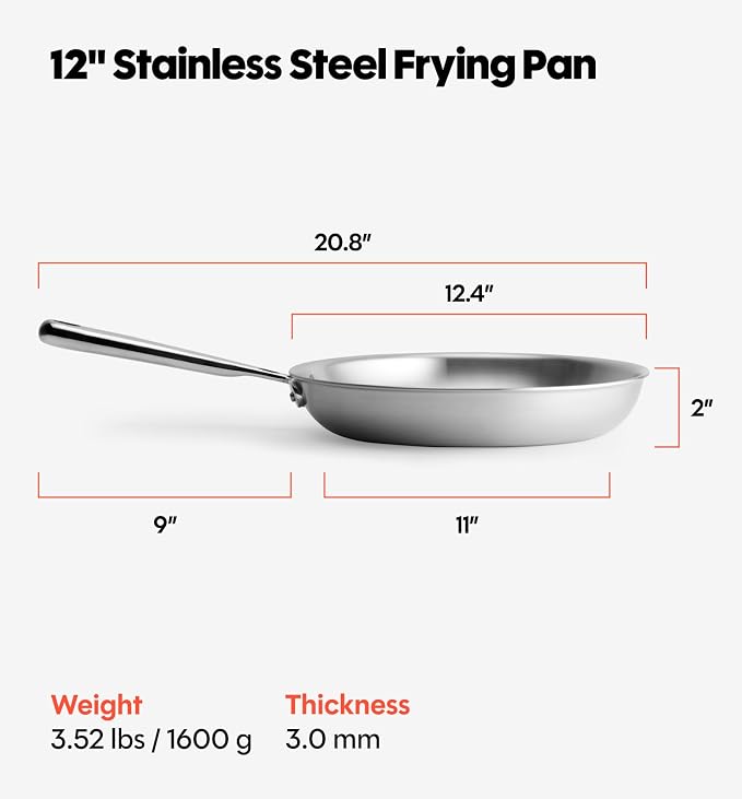 Misen 5-Ply Stainless Steel 12" Frying Pan - Professional Cookware for Induction, Gas and Electric - Dishwasher Safe, Oven Safe to 800°F - Durable, Versatile, Even Heating